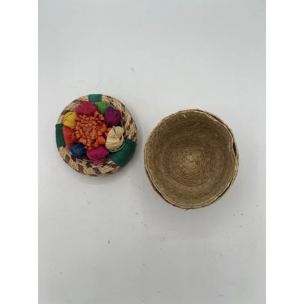 Mexican Tenate Woven Basket Trinket Box Raffia Flower Lid 4.5” Folk Art